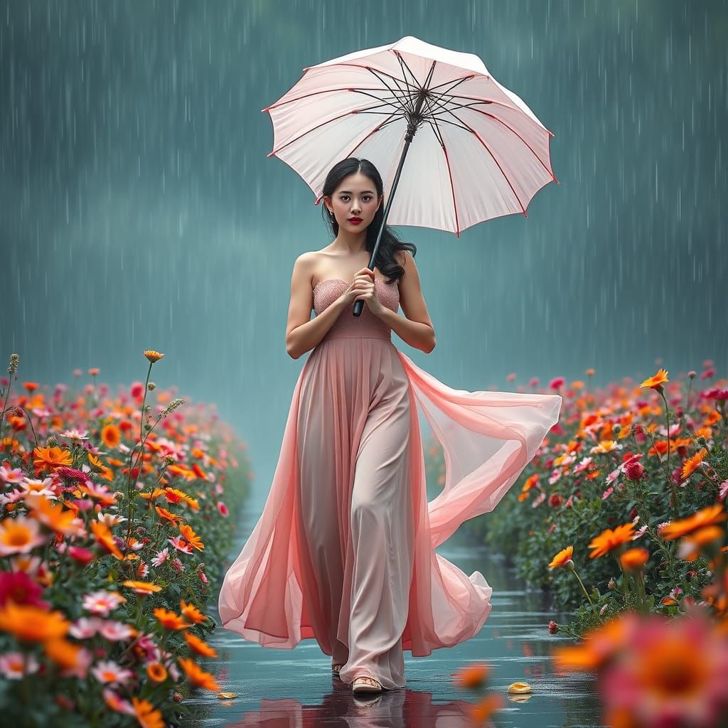 a stunning woman with bold crimson lips and captivating blue eyes, dressed in a flowing pink floor-length dress with sub...
