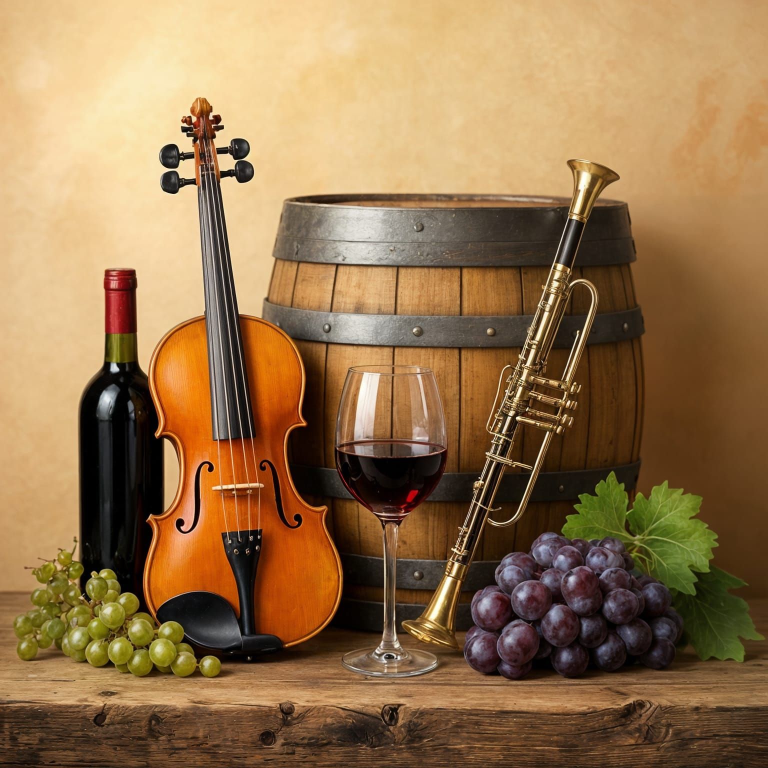 Musical Instruments and Wine with Grapes in Earthy Style