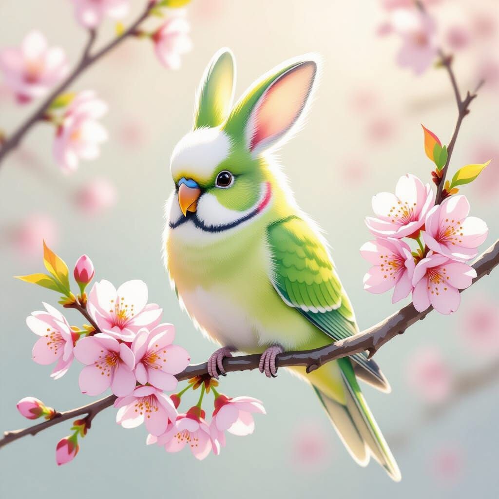 Whimsical Parakeet With Rabbit Ears on Blossom Branch