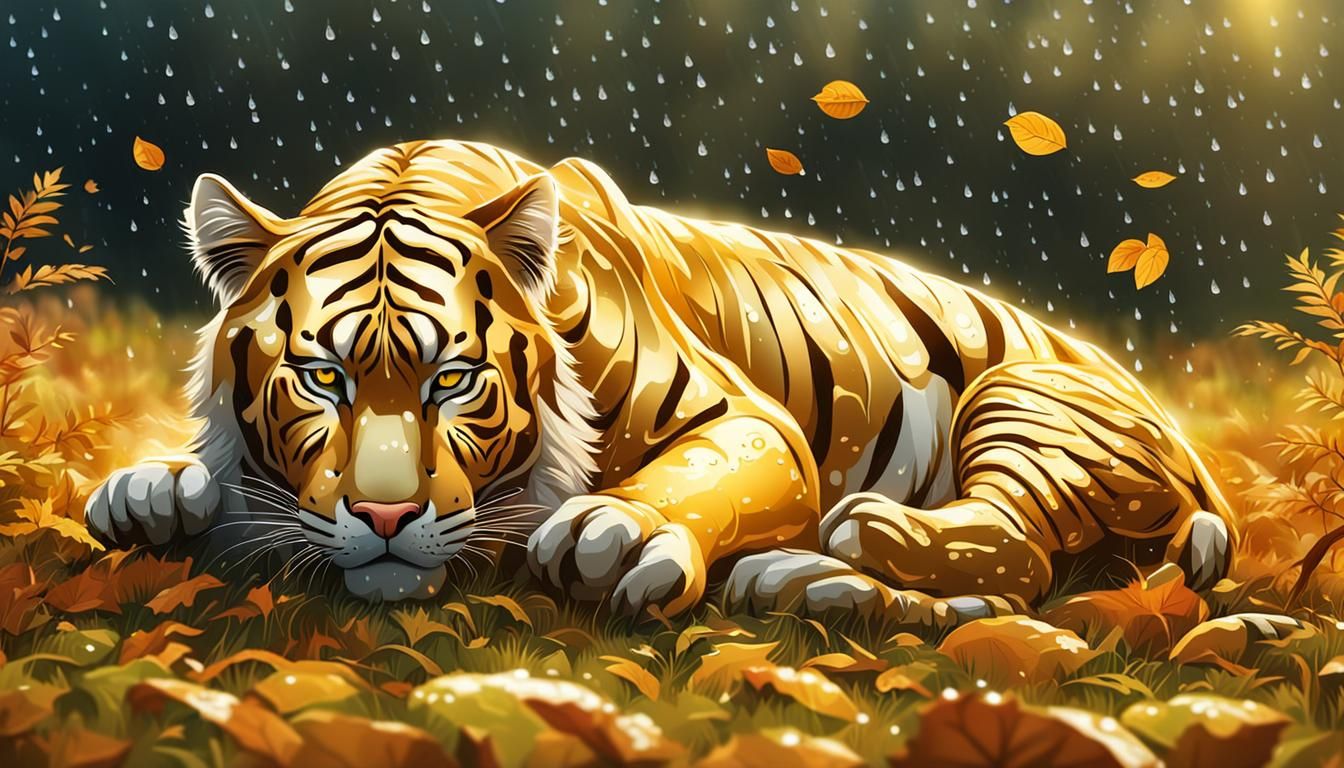 Futuristic Golden Tiger Sleeping in Autumn Meadow