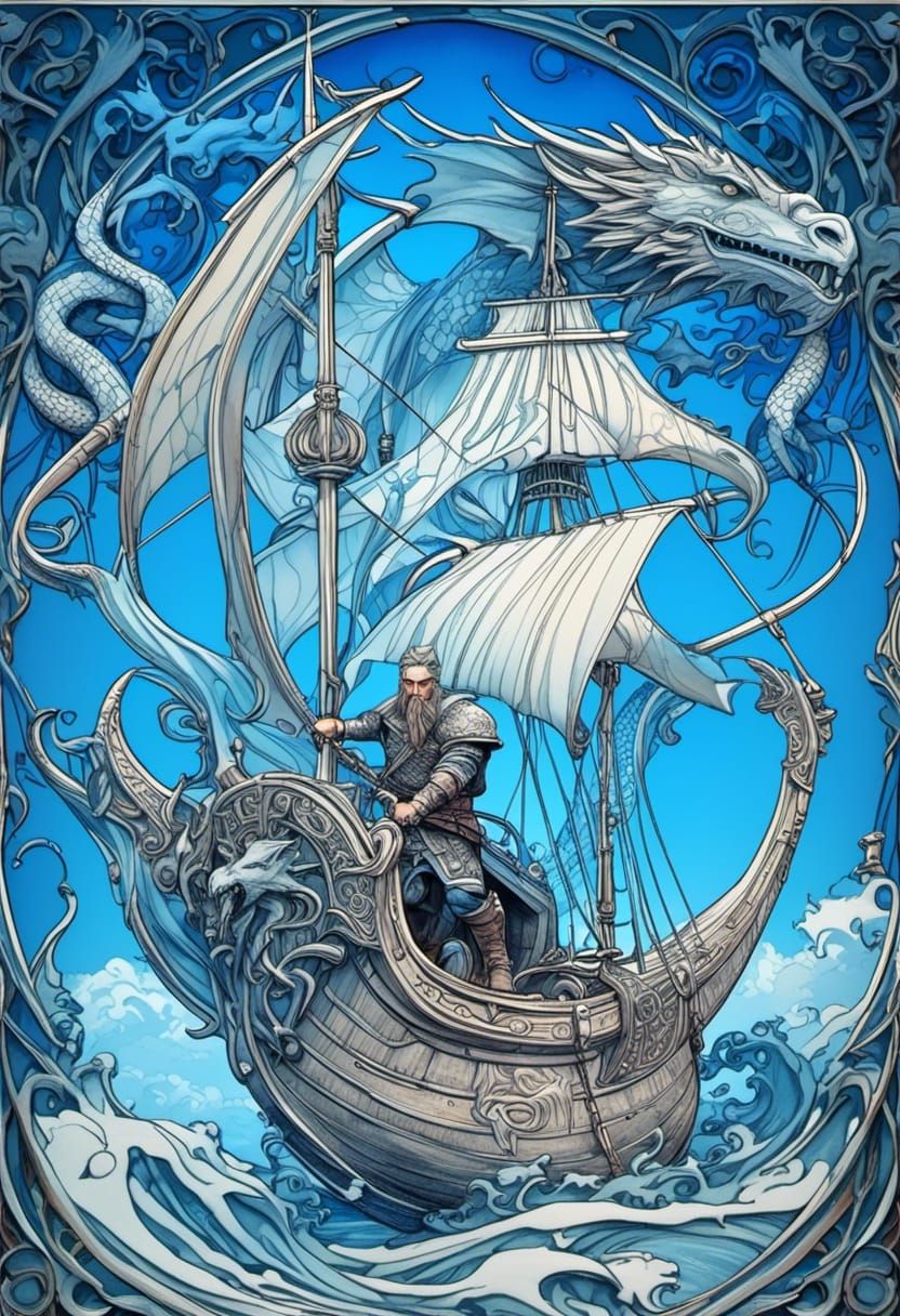 Viking Ship with Dragon in Art Nouveau Style