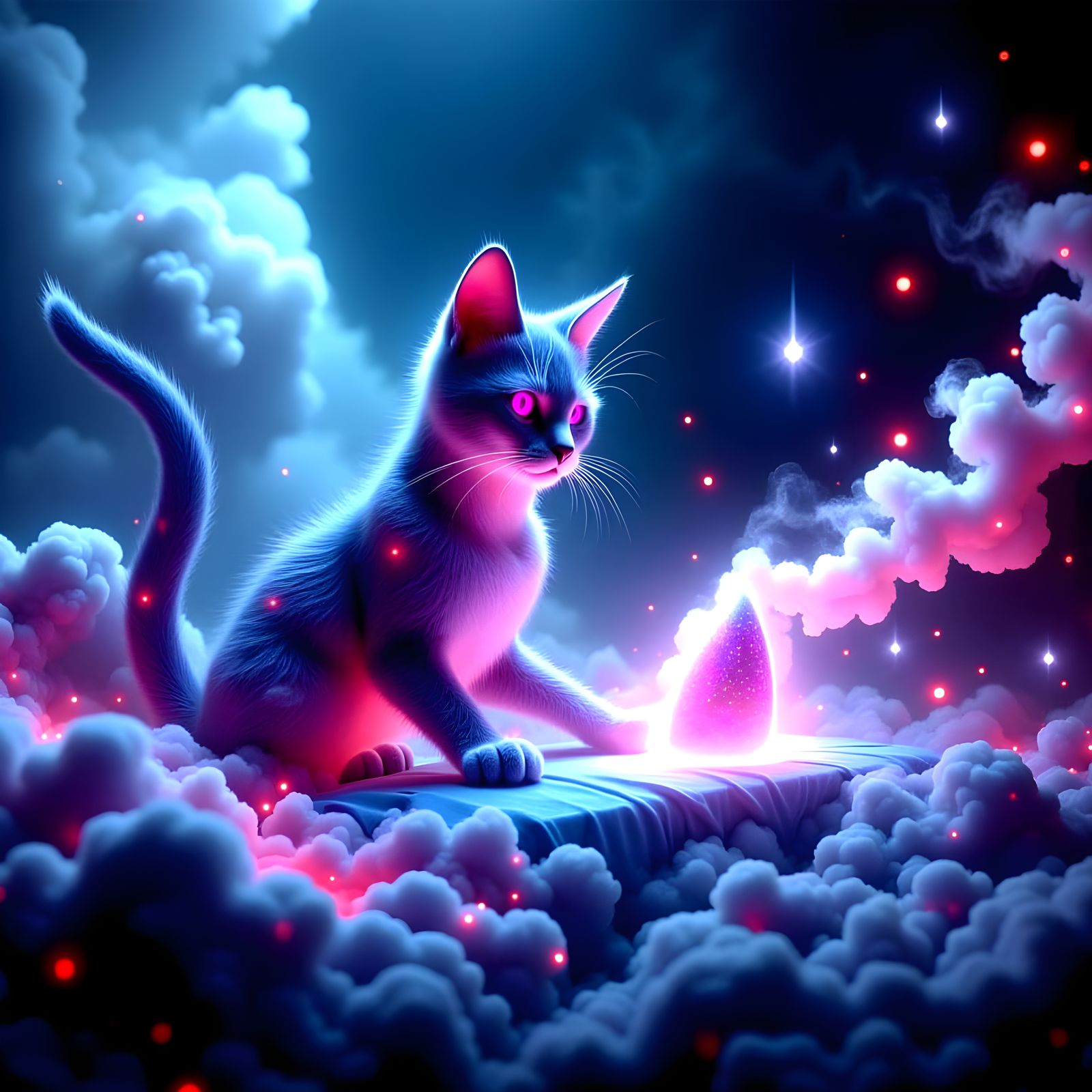 Cat Ironing Ghosts in Retro Iridescent Style