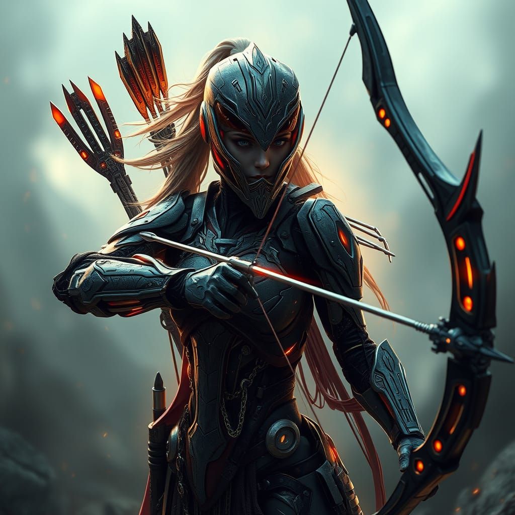 Epic Digital Cyborg Archer in Cinematic Landscape