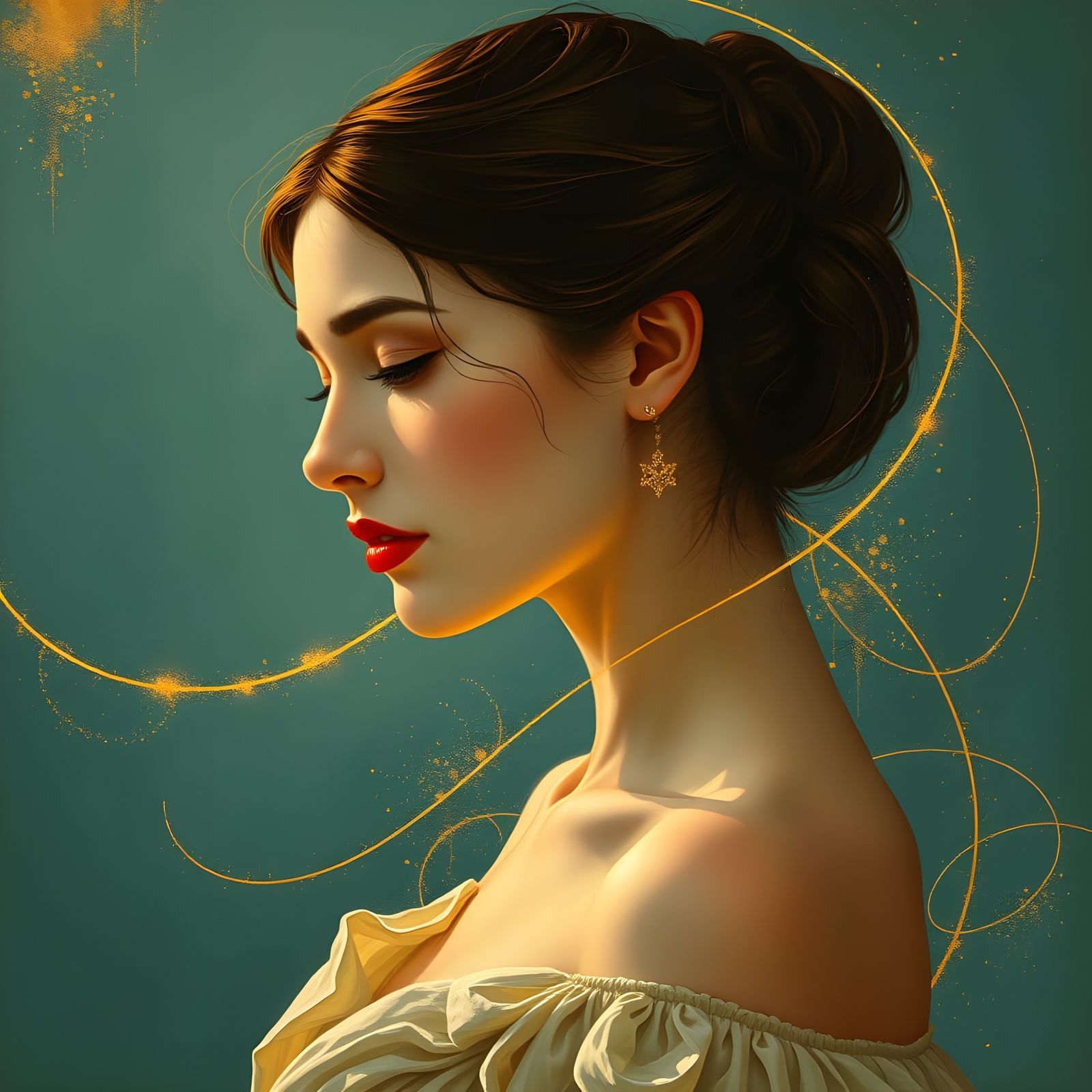 Serene Woman Illuminated by Golden Arcs in Nouveau Art Style
