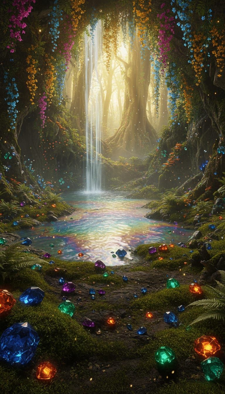 Magical Cavern with Shimmering Pool and Gemstones