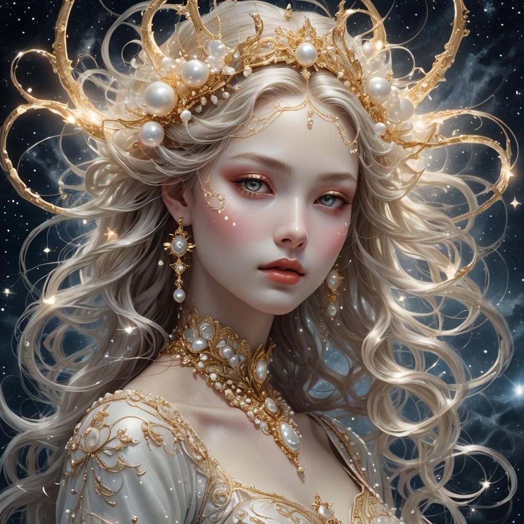 Ethereal Pearl Girl in Celestial Realm with Lightning