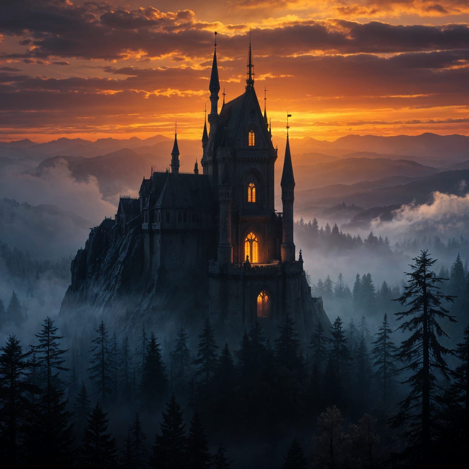 Ethereal Dark Fantasy Castle Amidst Ancient Forest