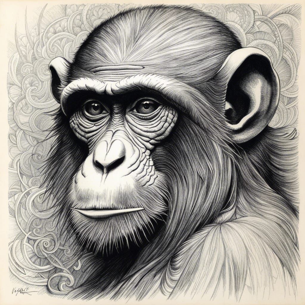 Detailed Ink and Pencil Ape Sketch