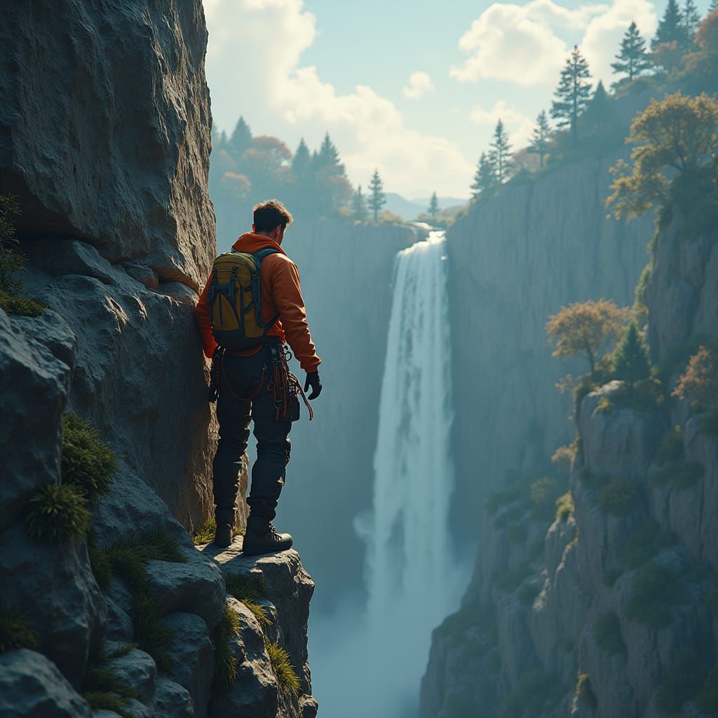 Hyperrealistic Climber on Cliff in Dramatic Lighting