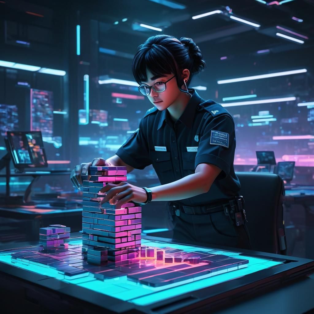 Cartoon Security Guard Plays Jenga: 3D Anime Art