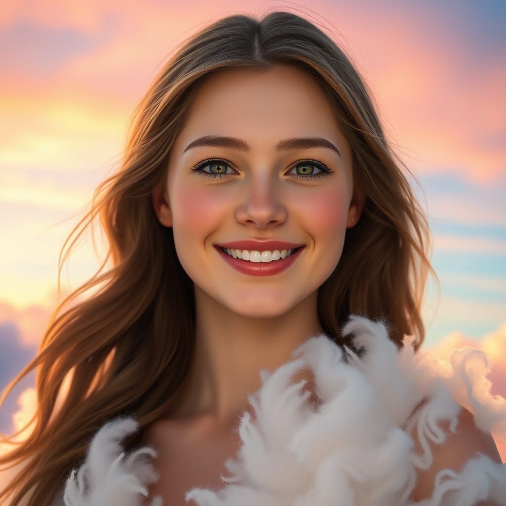 Radiant Woman Surrounded by Vibrant Clouds in the Sky