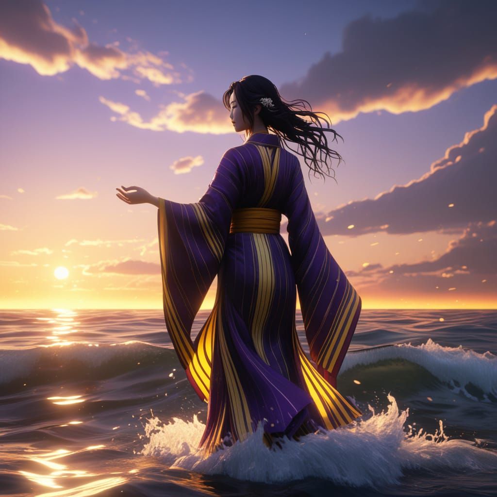 Elegant Anime Goddess by Sunset Ocean