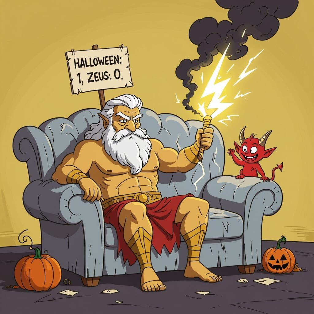 Zeus on Saggy Cloud Couch with Lightning and Smoke