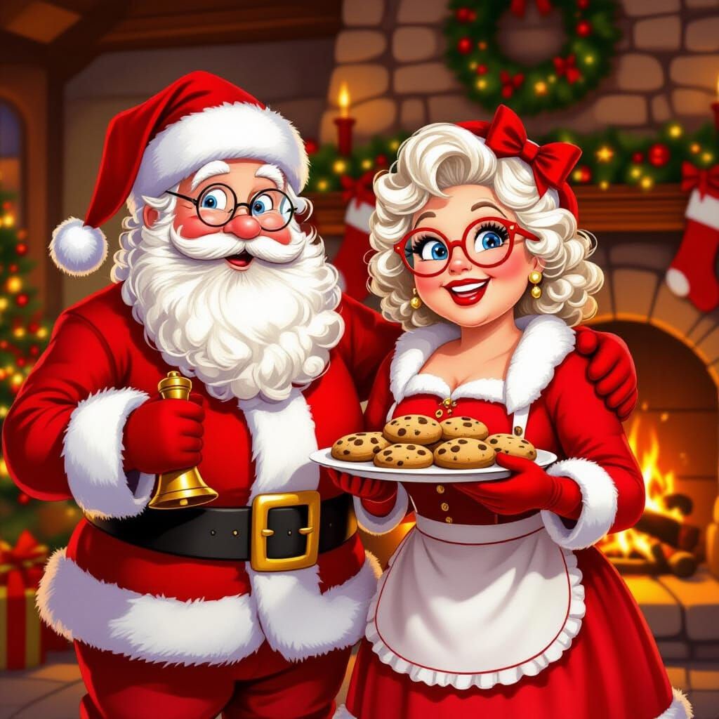 Santa and Mrs Claus in Cozy Holiday Oil Painting