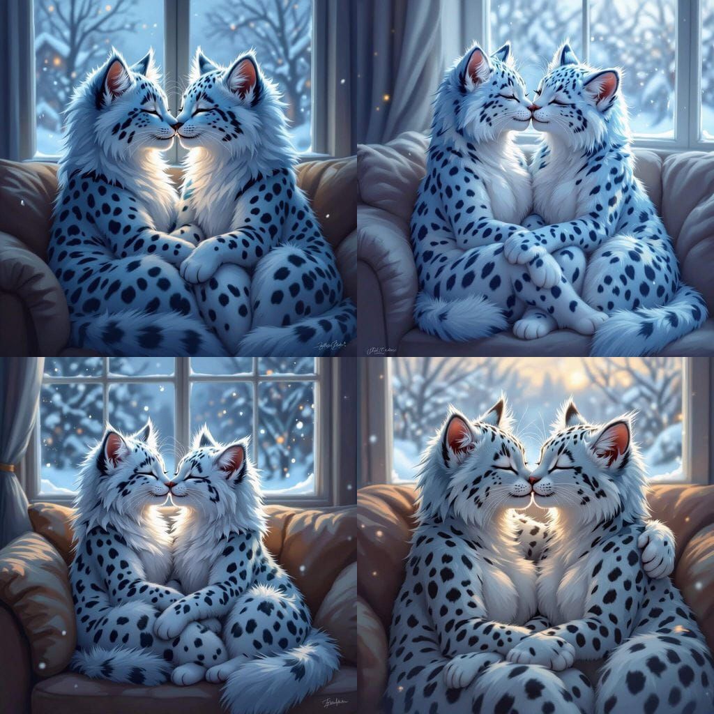 Blue Leopard Catgirls Kissing in Snowy Evening Light