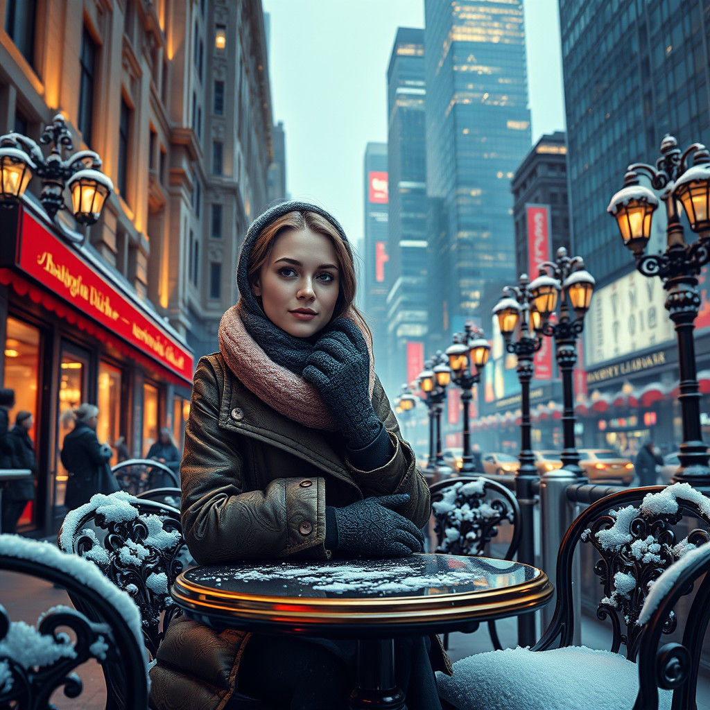 Woman in Winter Coat at City Cafe, Digital Art