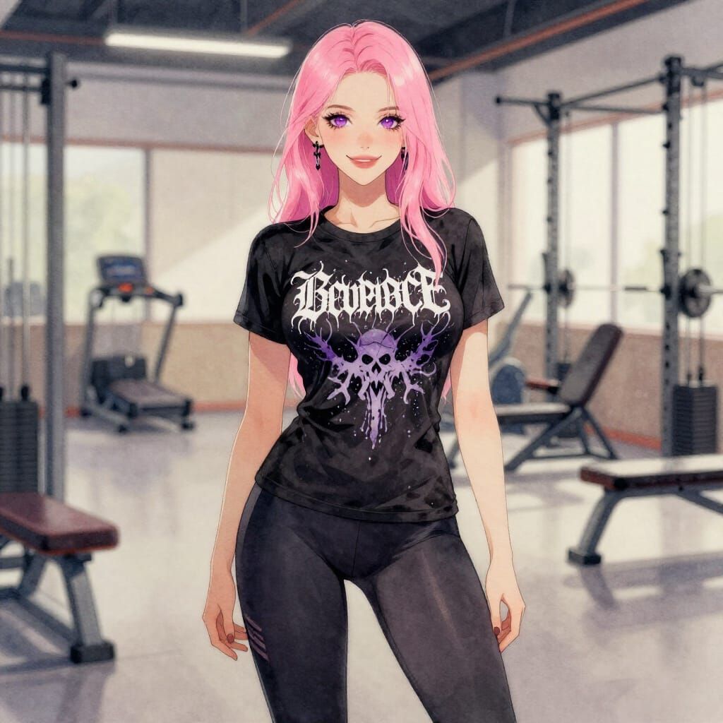 Pink Haired Woman Smiling in Gym, Watercolor Style