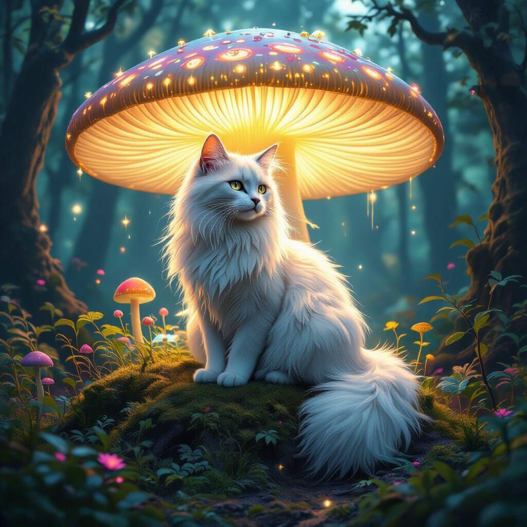 Majestic Moonlit Cat on Glowing Mushroom in Enchanted Forest