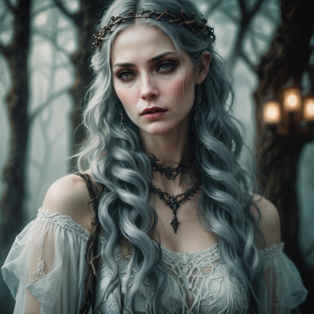 Ethereal Woman in Misty Forest: Gothic Digital Painting