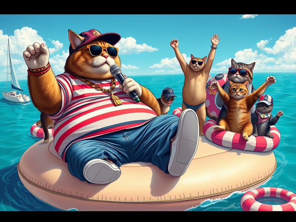 Cartoon Rapper Cat Concert in Takashi Murakami Style