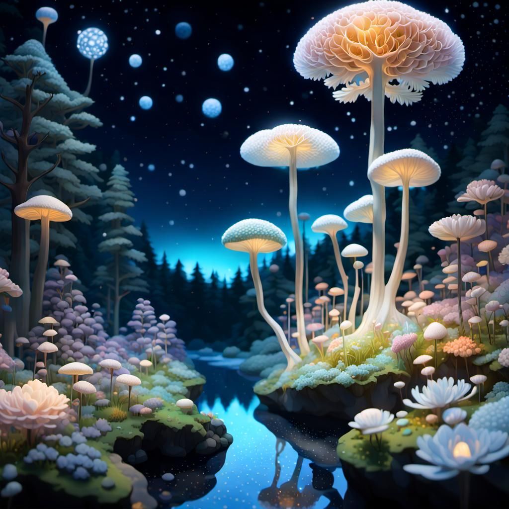 River's Birth: Floral Mycelial Network in Warped Forest