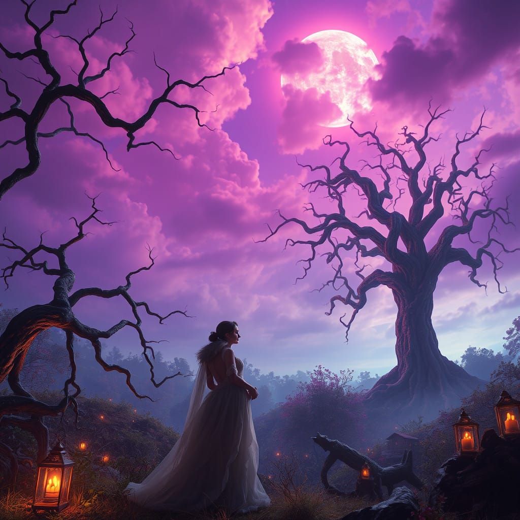 Fantastical Couple Under a Vibrant, Purple-Hued Sky