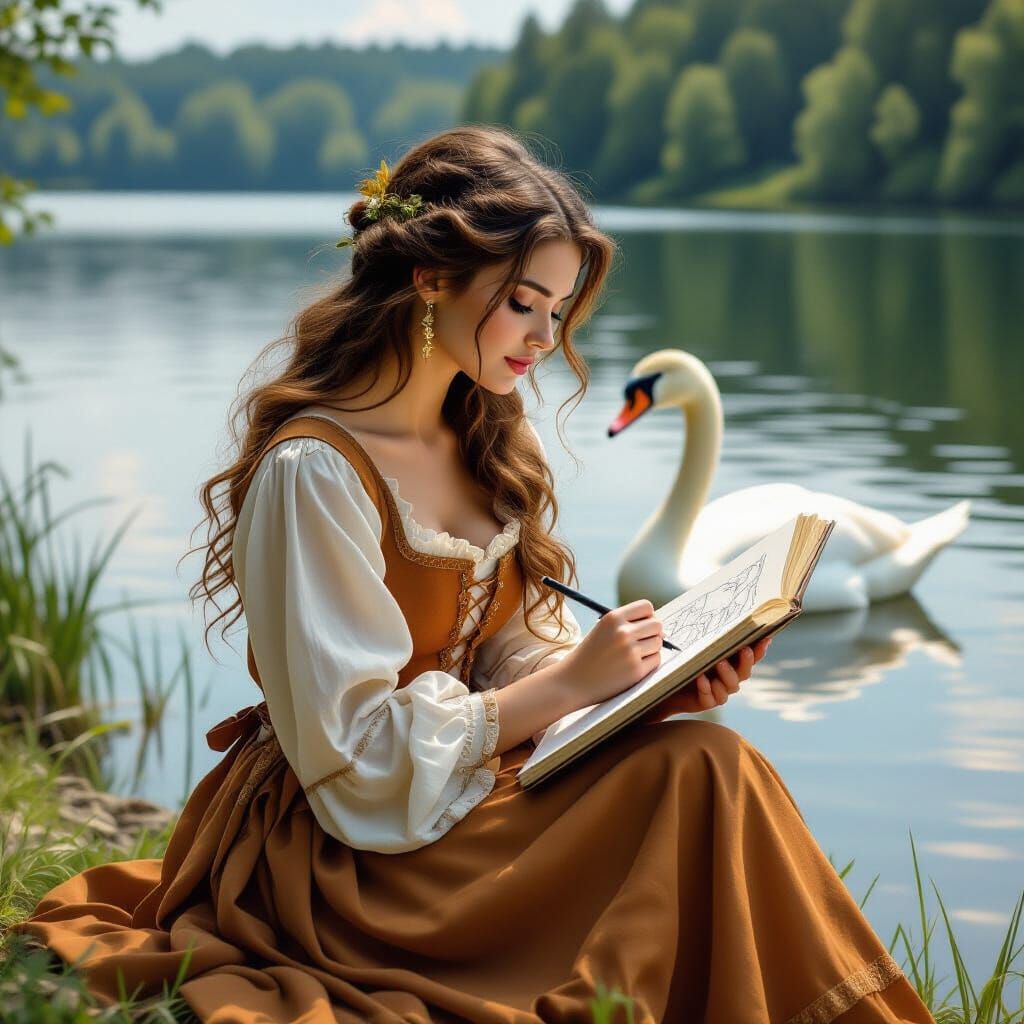 Medieval Woman Sketching Swan in Naturalistic Style