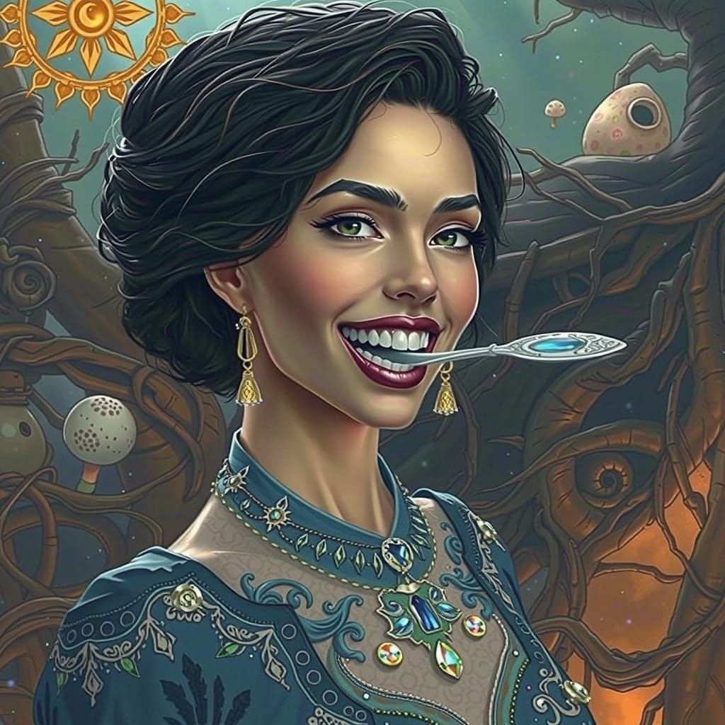 Regal Woman in Whimsical Forest Landscape