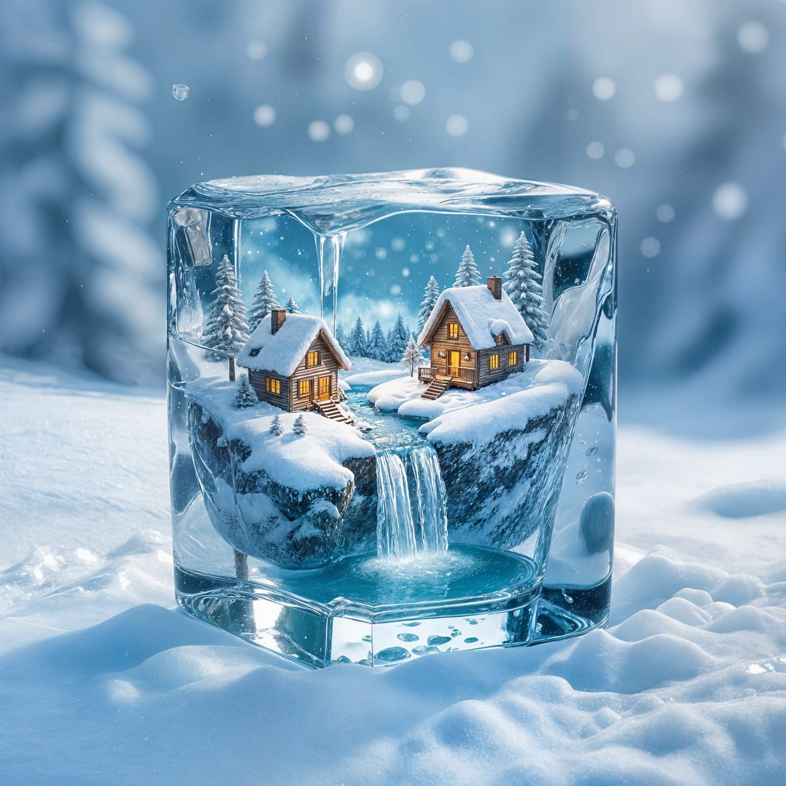 Cozy Houses and Waterfall Inside Floating Ice Cube