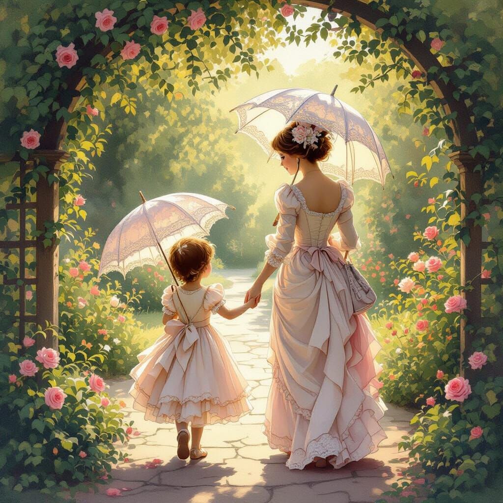 Victorian Garden Stroll with Mother and Son