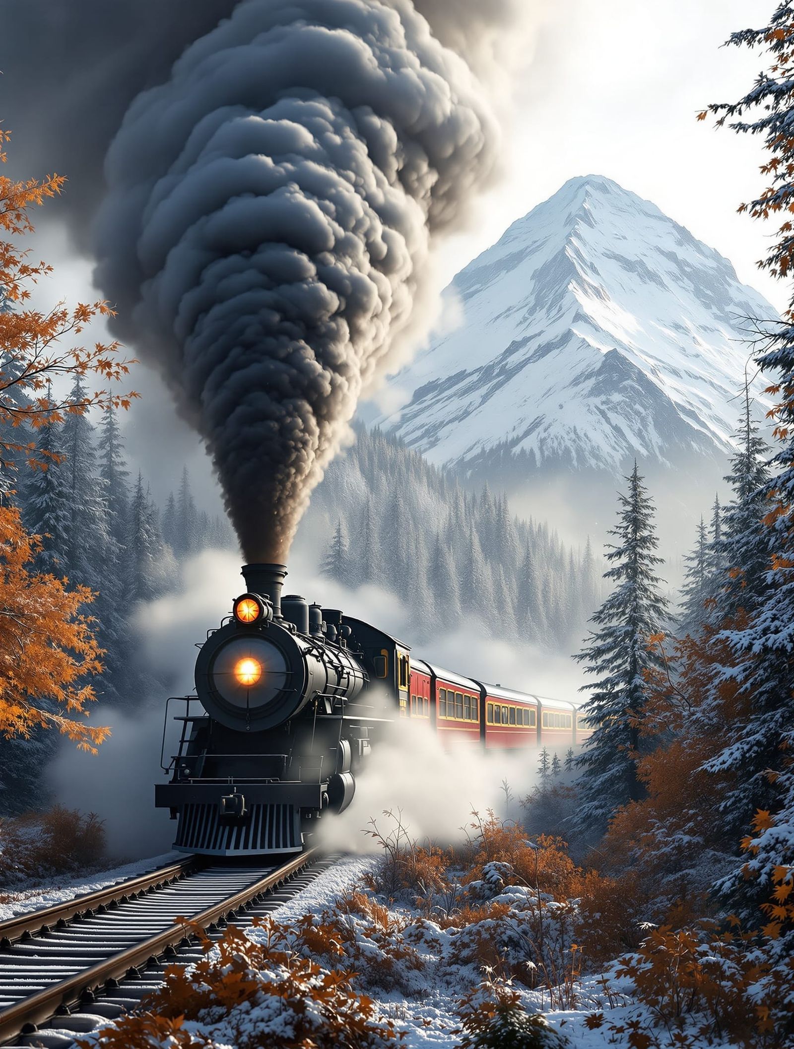 Steam Locomotive Emerges from Autumn Forest with Smoke Plume