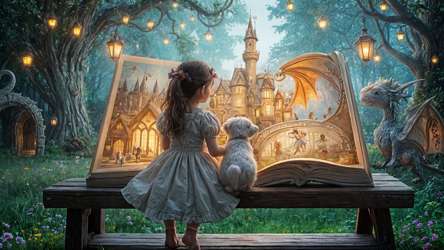 Magical Storybook Scene with Girl and Dog