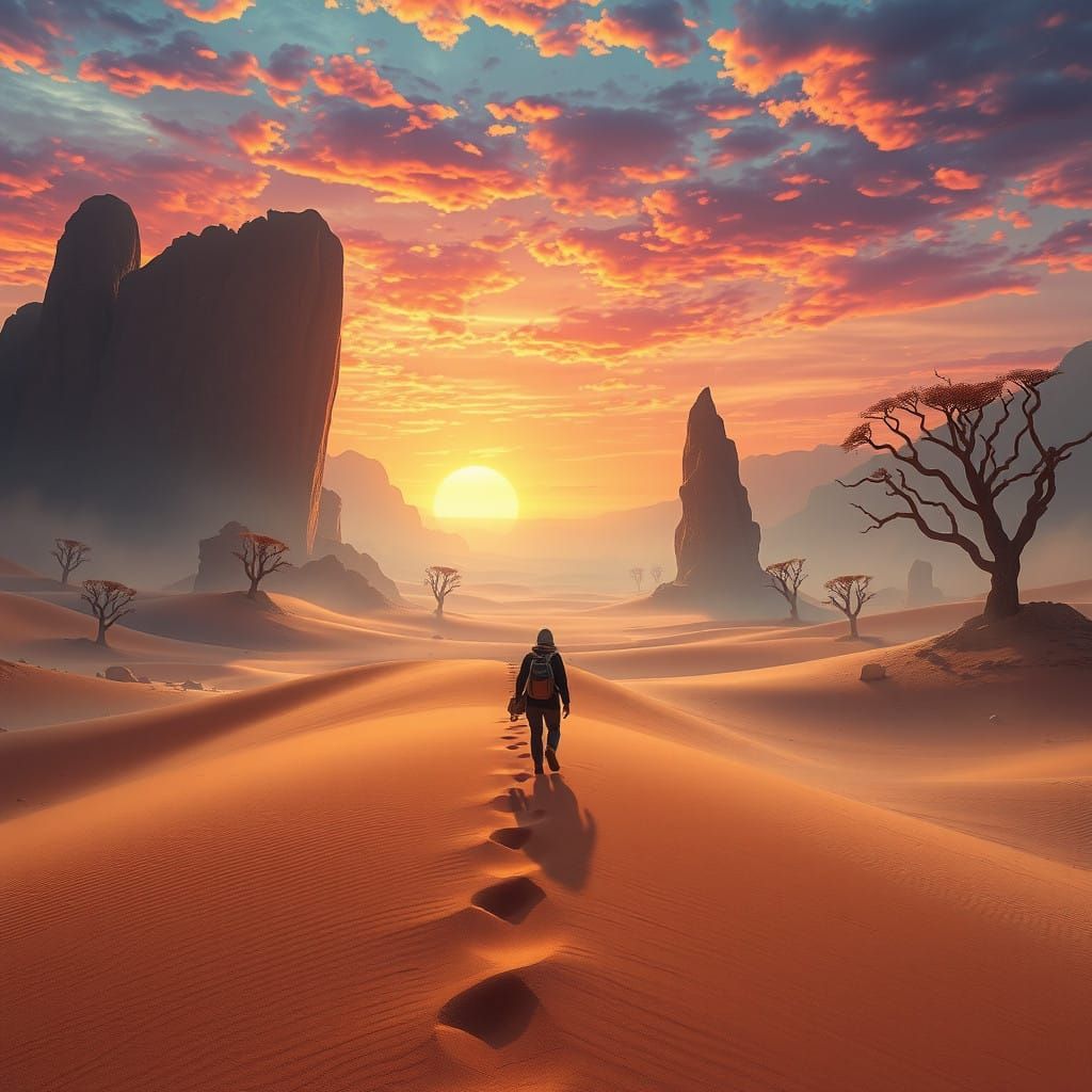 Surreal Desert Odyssey Beyond the Horizon in Cyberpunk Style
