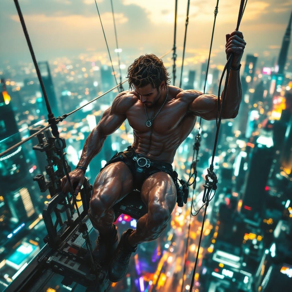 Futuristic Athlete Suspended Over Neon City