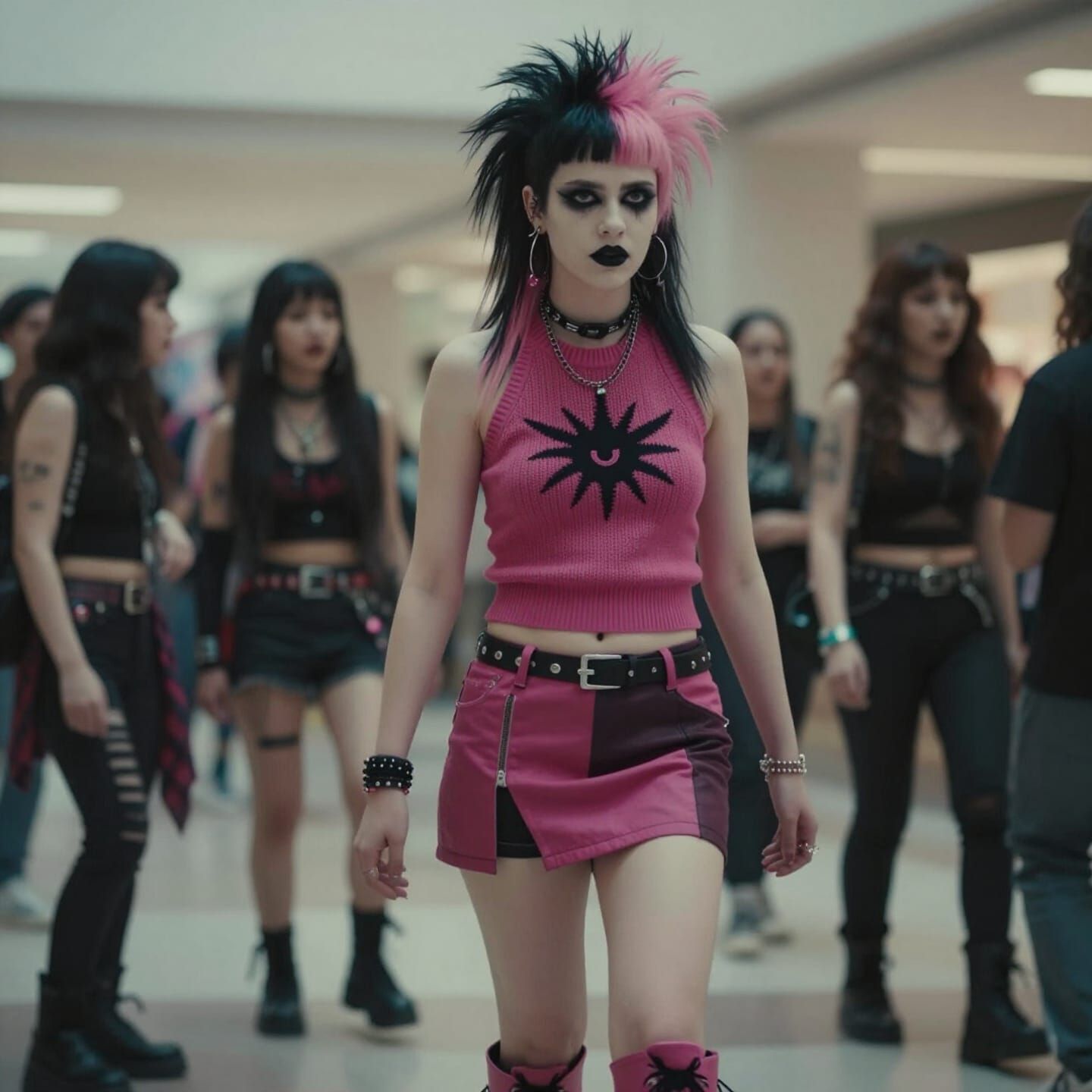 Punk Girl with Pink Hair Walks Through Mall