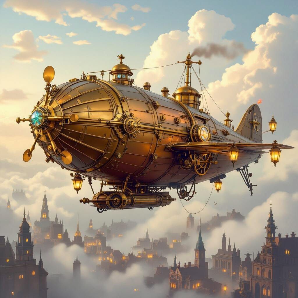 Steampunk Airship Over Victorian Cityscape