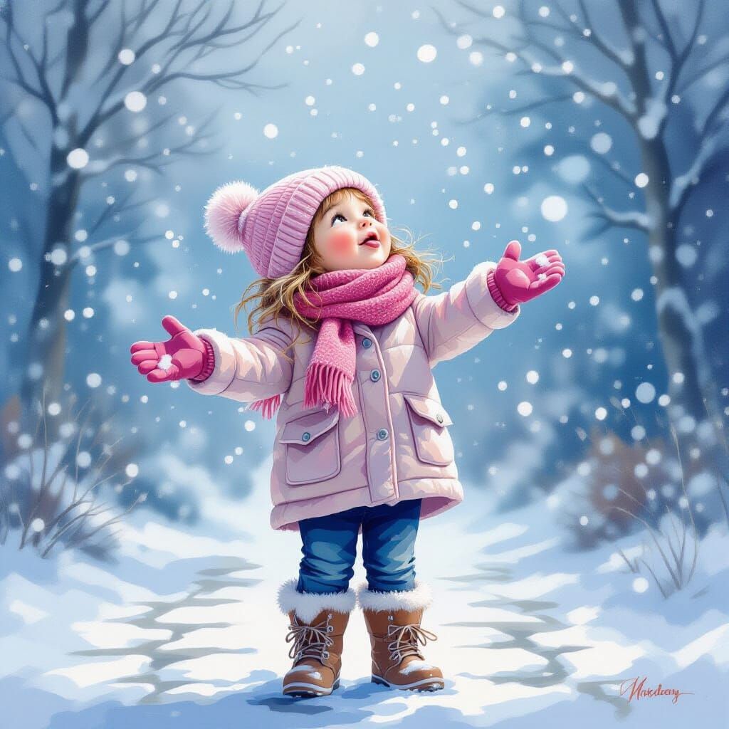 Cute Girl Catching Snow in Mixed Media Style
