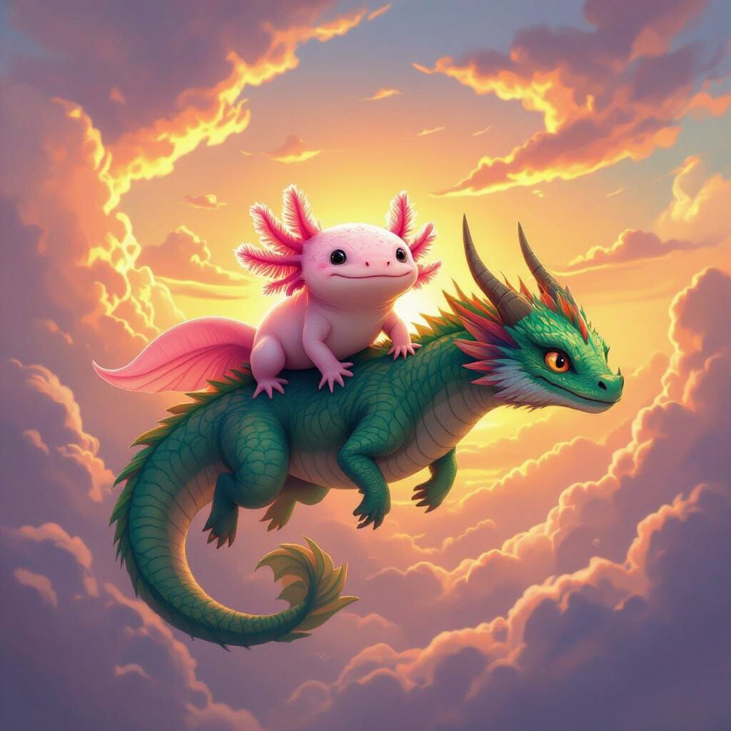 Whimsical Axolotl Rides Emerald Dragon Through Sunset Sky