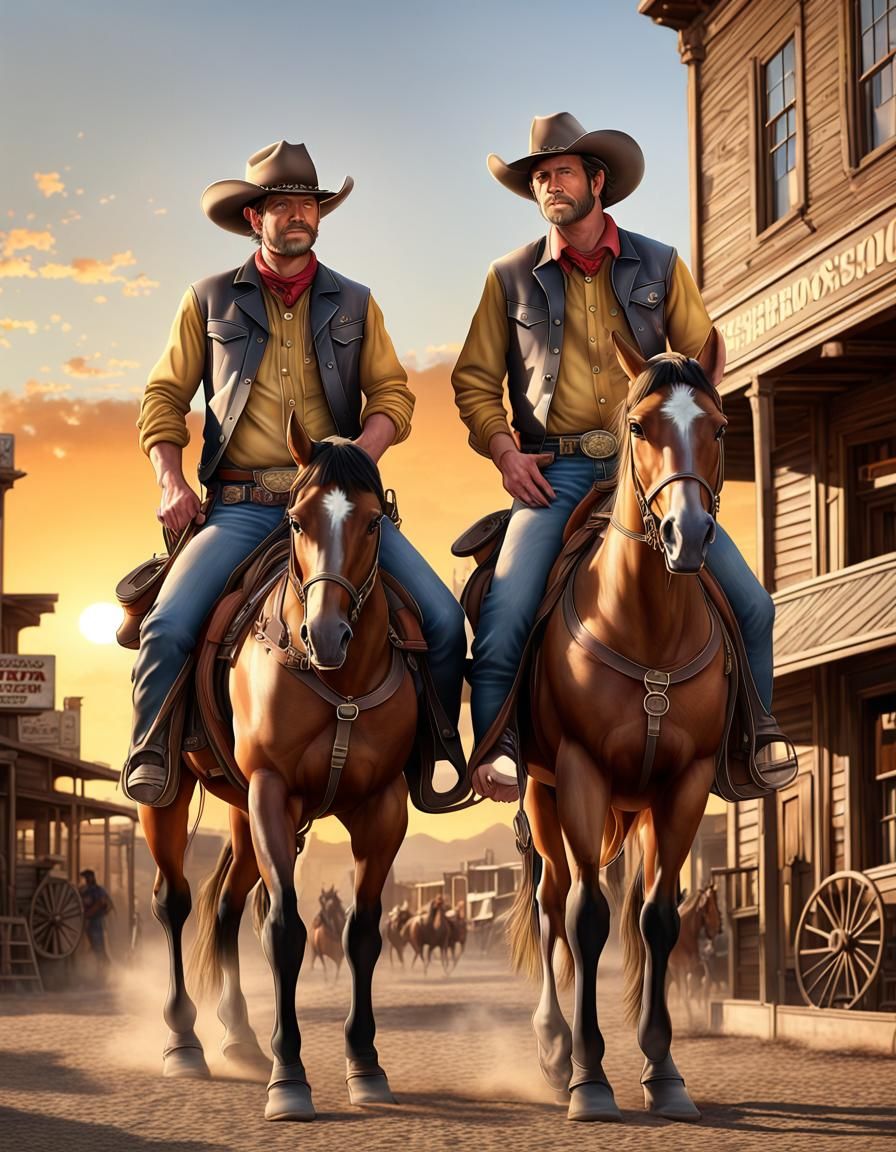 Hyperdetailed Cowboys and Horses in Western Town