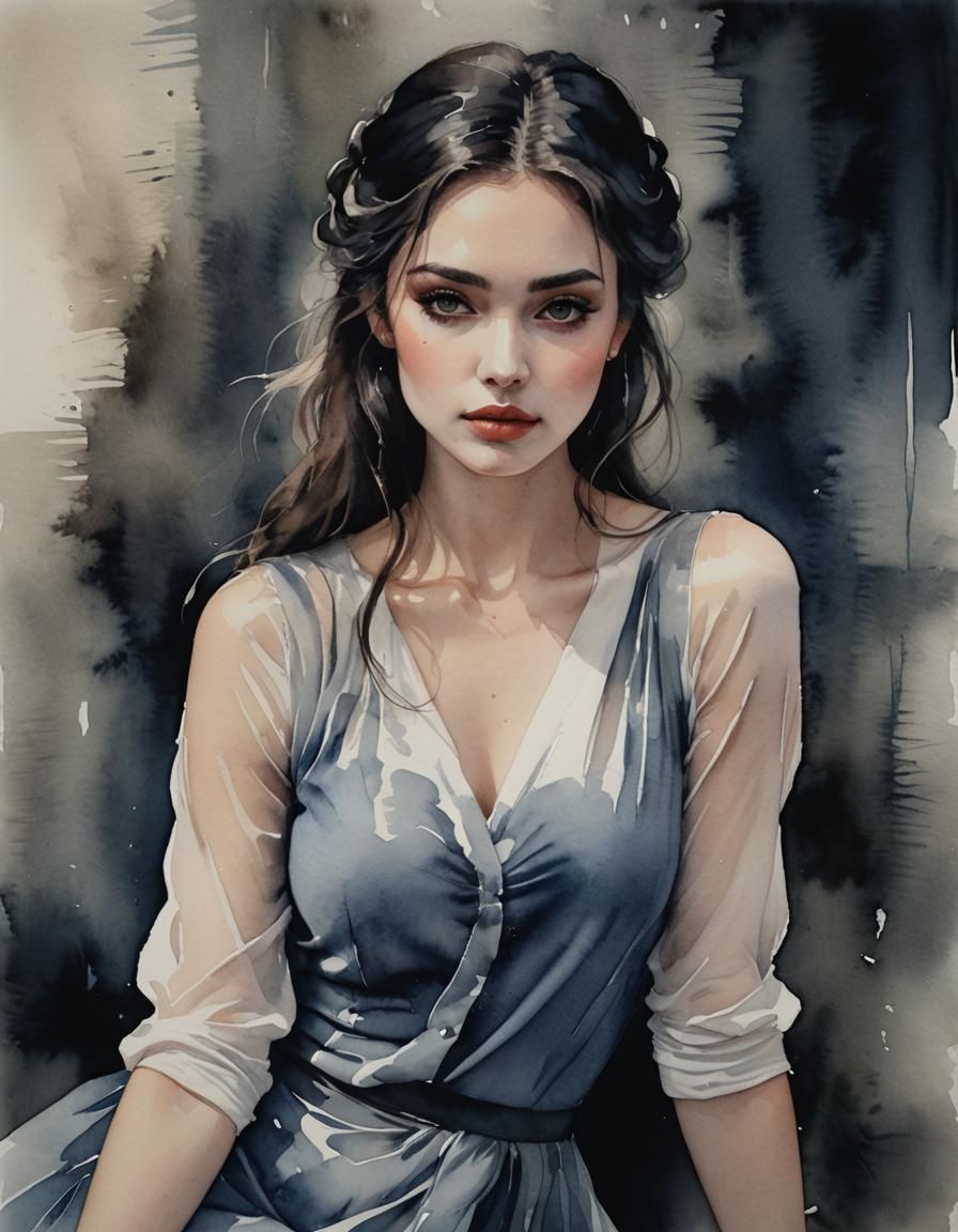Ethereal Girl in Dark, Moody Surreal Watercolor
