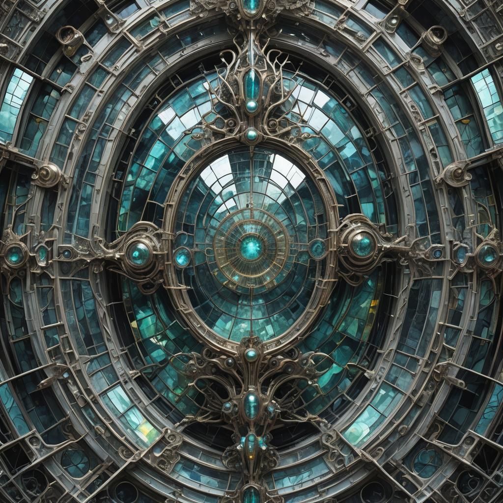 Ornate Cybernetic Stained Glass Window on Building