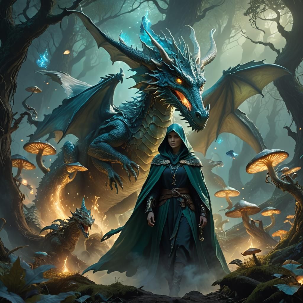 Sorceress on Dragon in Mystical Forest, Fantasy Art