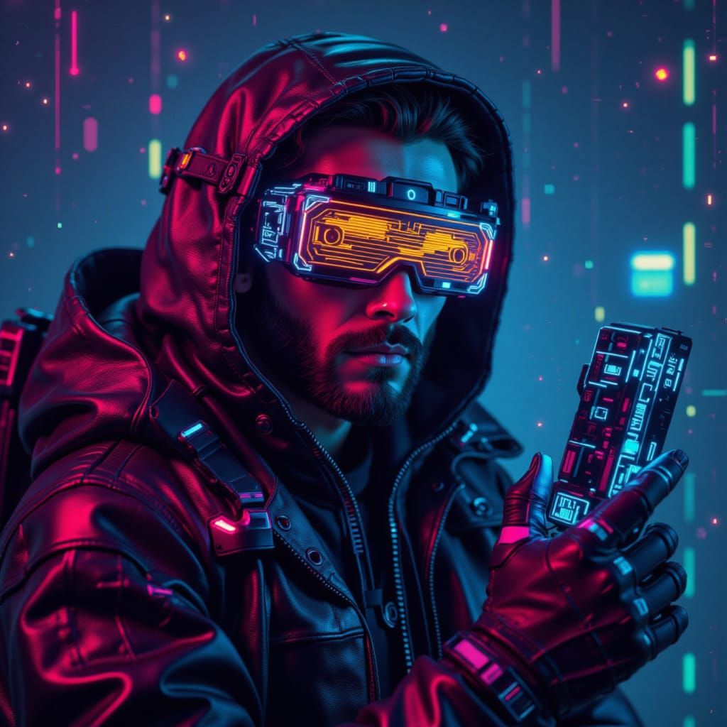 Cybernetic Operator in Neon-Lit Retro-Futurist World