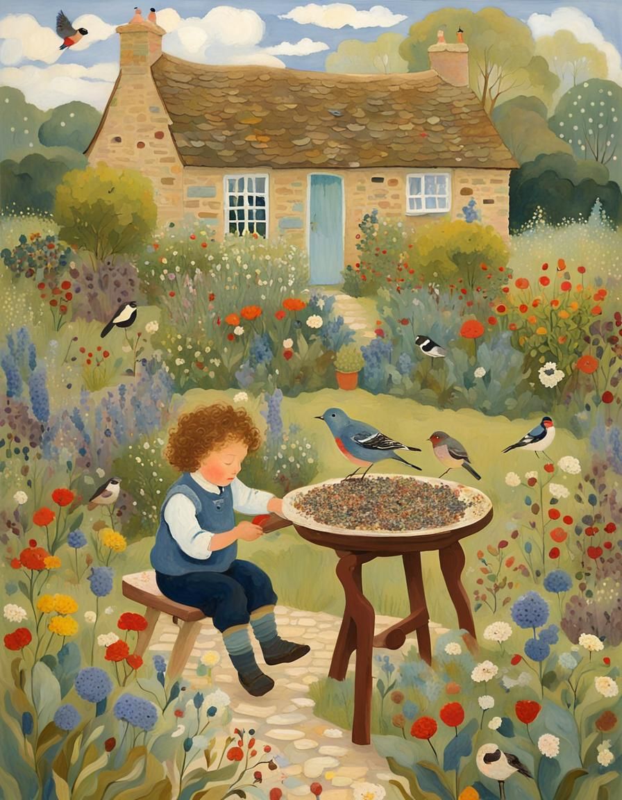 Boy Feeds Birds: Folk Art Impressionism