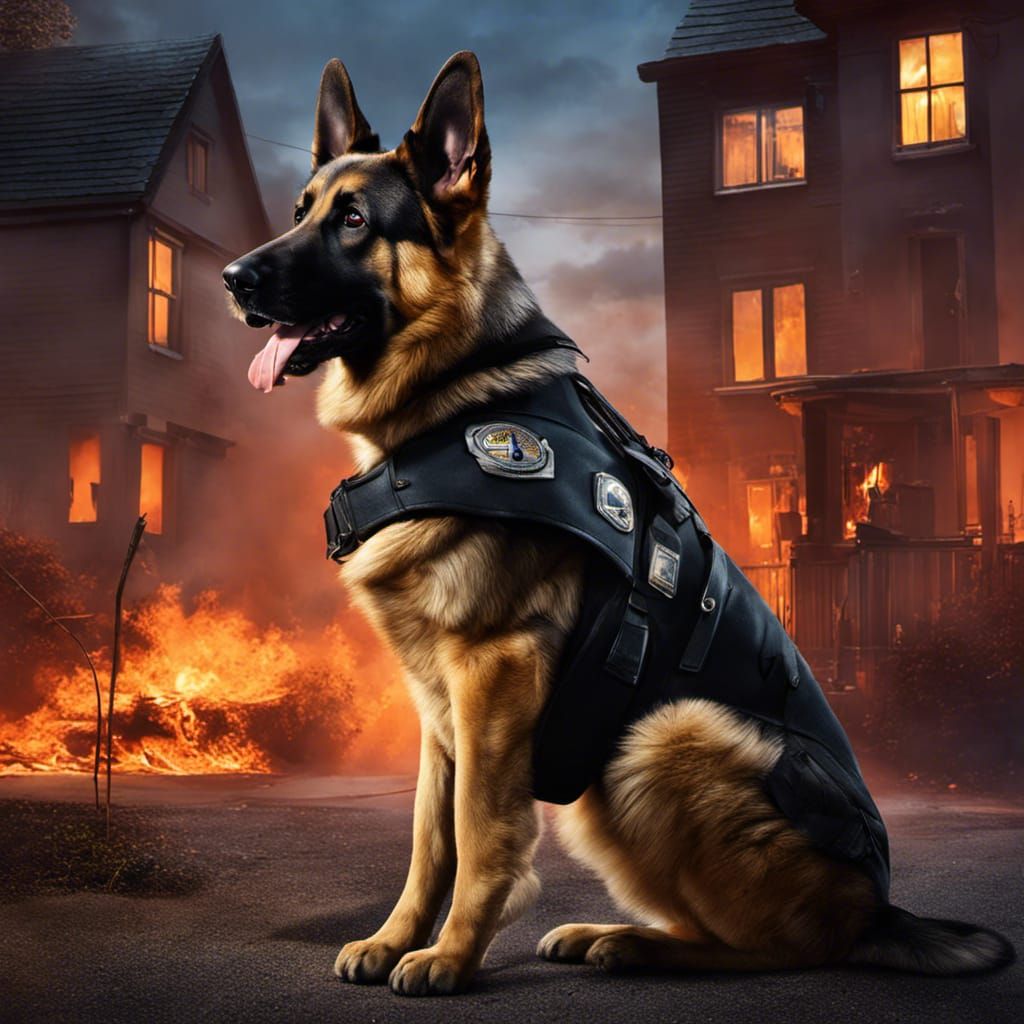 German Shepherd Firefighter Dog in Evening Twilight