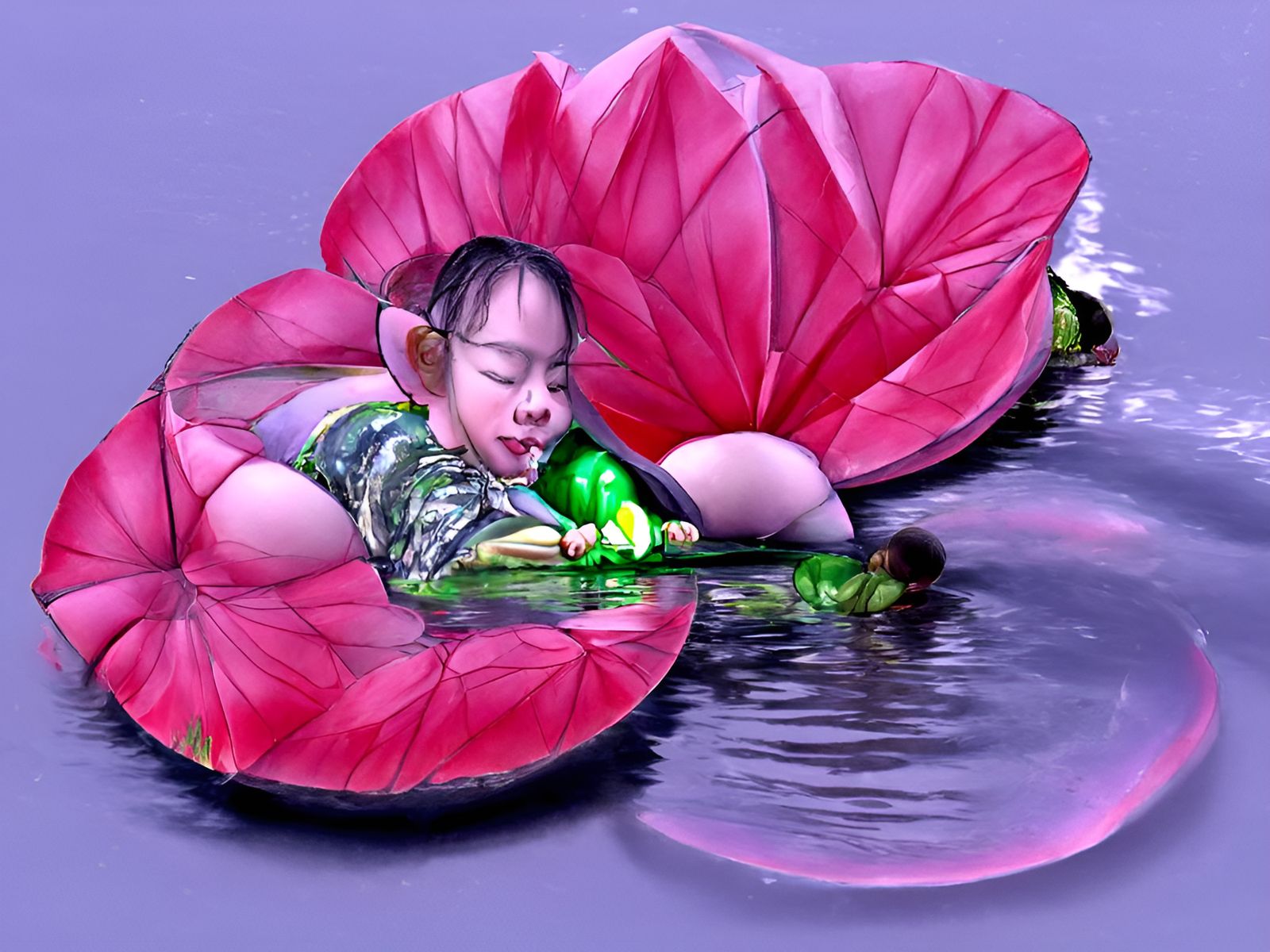 Child on Waterlily Blowing Bubbles in 3D