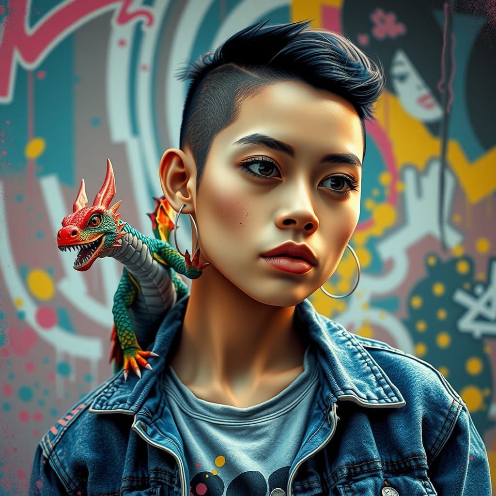 Filipino Woman with Dragon, in Street Art Style