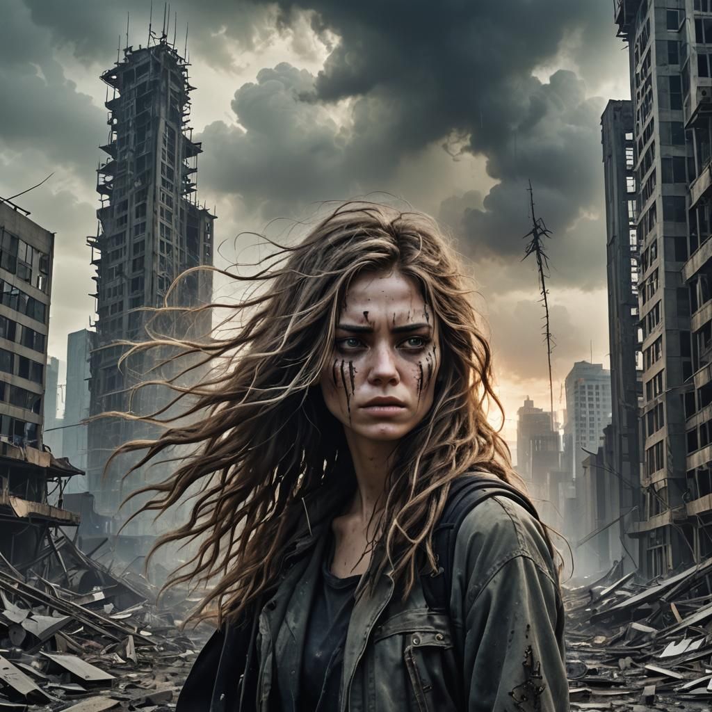 Resilient Woman in Post-Apocalyptic Landscape
