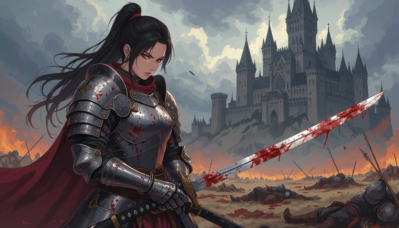 Asian Swordswoman Guards Gothic Castle After Battle