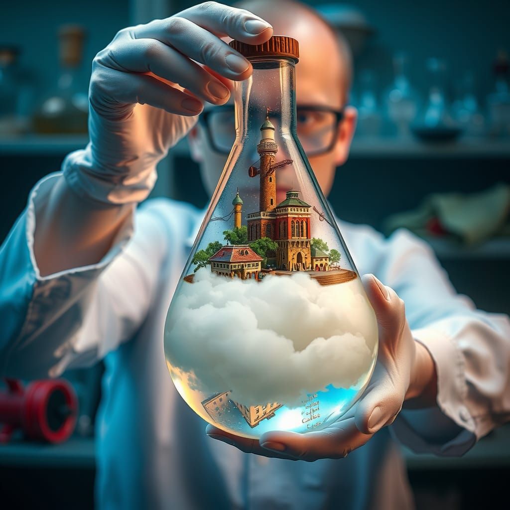 Chemist Holding Miniature City in Flask